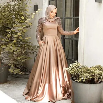 Арабские вечерние платья для женщин, расшитое бисером Платье для выпускного вечера с длинными рукавами и карманами, Атласный свадебный халат трапециевидной формы с рюшами