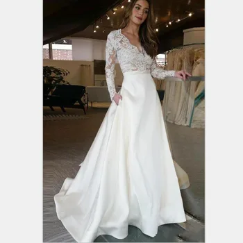Свадебное платье с длинным рукавом 2022, V-образный вырез, Аппликации Трапециевидной формы, Кружевной Топ, Атласная юбка, Свадебное платье с карманом, Платье невесты на заказ
