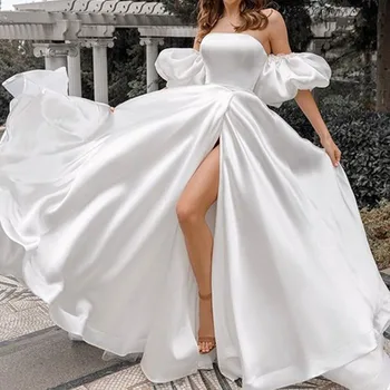Свадебные платья из атласа Трапециевидной формы с высоким разрезом Сбоку, Простые Фасоны Свадебного платья со шлейфом Vestidos