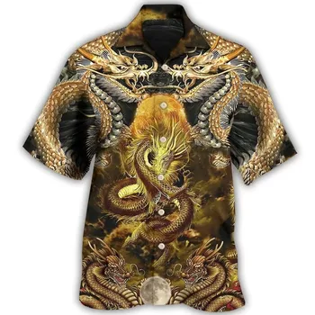 Летняя мужская футболка с коротким рукавом, Повседневная Винтажная Гавайская футболка Оверсайз, Уличные роскошные футболки с 3D рисунком дракона и цветочным рисунком, Горячая