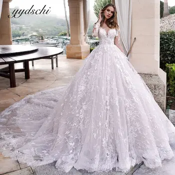 2022 Роскошные свадебные платья Для женщин, Элегантное Свадебное платье с длинными рукавами и V-образным вырезом, иллюзионные аппликации, Придворный Шлейф, Vestidos De Novia
