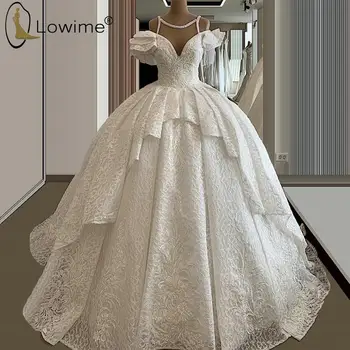 Бальное платье Принцессы, Кружевные свадебные платья с аппликацией на шее, расшитые бисером, Свадебные платья с рюшами, Vestido De Noivas, Сшитые на заказ