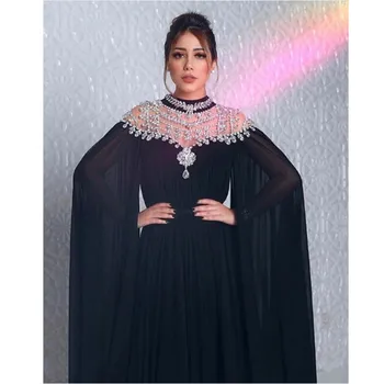 2023, Шифон с высоким воротом и кристаллами, Дубайский Кафтан, Саудовско-Арабское Вечернее платье, Длинное платье для выпускного Вечера, Черные мусульманские Вечерние платья