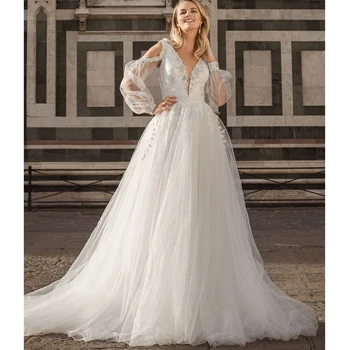 Элегантное Свадебное платье Трапециевидной формы 2023 с Глубоким V-образным вырезом, Блестящей Кружевной Аппликацией из бисера, Открытыми плечами, Пышными рукавами, Открытой спиной, Vestido De Novia