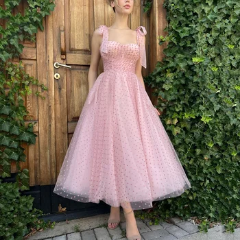 Милые розовые коктейльные платья на тонких бретельках, платье для встречи выпускников длиной до чая, Короткое Праздничное платье для выпускного вечера