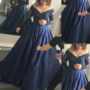 Платья для выпускного вечера размера Плюс 2020, темно-синие атласные кружевные платья с открытыми плечами и длинными рукавами, вечерние платья для вечеринок