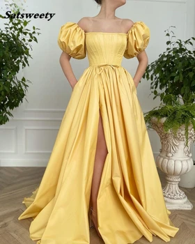 Желтые платья для выпускного вечера из тафты с карманами, Трапециевидные Пышные Платья с короткими рукавами, вечерние платья для вечеринок, вечерние халаты с корсетом сзади