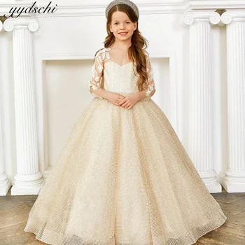 Свадебное платье Принцессы, Элегантные Роскошные Тюлевые платья с цветами цвета Шампанского для маленьких девочек, платье для вечеринки на День Рождения Для детей, Детское