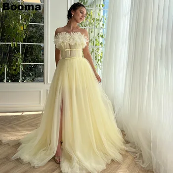 Booma Светло-желтые платья для выпускного вечера трапециевидной формы без бретелек с разрезом по ногам, тюлевые вечерние платья для вечеринок, Простое элегантное вечернее платье для женщин 2023