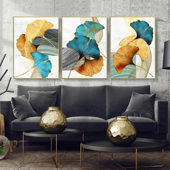 3 Панели Золотисто-зеленых листьев, настенные принты в скандинавском стиле, плакаты и принты Cuadros Decorativos, дешевые картинки для домашнего декора, прямая поставка