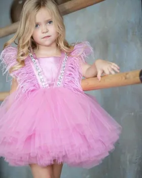 Роскошные розовые тюлевые платья с цветочным узором для девочек, блестящие кристаллы, перья, платья для маленьких девочек на День рождения, Многоуровневые детские короткие платья