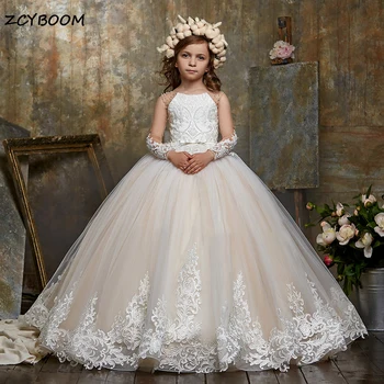 Роскошные прозрачные платья с длинными рукавами и аппликациями для девочек в цветочек на свадьбу 2023, Детское платье для Первого причастия, расшитое кружевом Принцессы и блестящим бисером