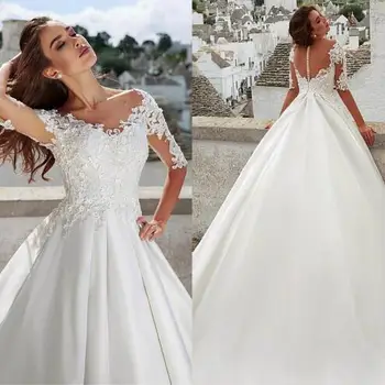 Простое Атласное Бальное платье с драгоценными камнями, Свадебное платье С кружевными аппликациями, свадебные сорочки с длинным рукавом, Высокое Качество Атласа, сшитое на заказ