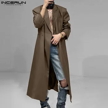 INCERUN Топы 2023, Корейский стиль, Красивые Мужские Свободные Длинные костюмы, Осень-зима, Модные Повседневные Мужские однотонные удобные костюмы, пальто S-5XL