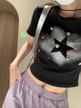 Deeptown Harajuku Star Graphic Футболки женские Y2K Винтажные эстетичные облегающие топы летние повседневные футболки с коротким рукавом Гранж Kpop