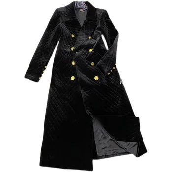 Зимнее двубортное золотое бархатное стеганое пальто с хлопковой подкладкой во французском стиле, женская толстая теплая длинная верхняя одежда