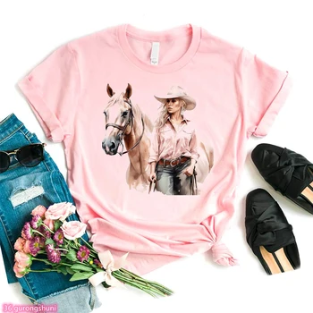 Футболка Femme Fashion Girl Ride A Horse Тематический Принт, Женская футболка, Летняя рубашка в стиле Харадзюку, Белый Топ с коротким рукавом, Оптовая продажа