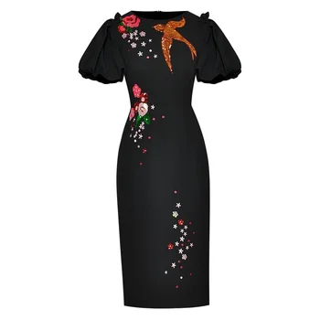 Модные подиумные летние женские пышные рукава, Роскошные цветы, вышивка пайетками, Винтажные черные вечерние платья