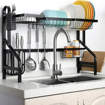 Ярус над раковиной Подставка для посуды с 5 крючками черного цвета, органайзеры для сливной корзины для раковины, органайзер для кухонных банок, подставка для холодильника