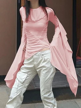 2023, Женская блузка с цветочным принтом, открытыми плечами, рюшами и расклешенными рукавами на весну и лето