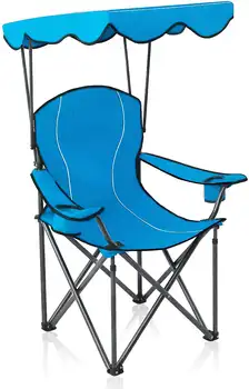 Складной Походный стул большого размера с теневым навесом, на прочной стальной раме с сумкой для переноски и подстаканником, голубой