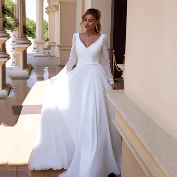 Шифоновое свадебное платье в стиле Бохо с V-образным вырезом и длинными рукавами, простые свадебные платья 2022, элегантное свадебное платье с открытой спиной для женщин, Vestido de Novia