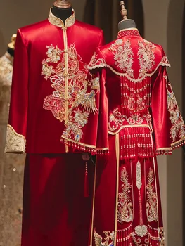Винтажное платье с воротником-стойкой в китайском стиле Для пары Чонсам, Красное Атласное Платье с Драконом и Фениксом, расшитое бисером, Кисточки Qipao