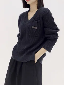 Женский вязаный пуловер с V-образным вырезом, ручной декор карманами, расшитыми бисером, новинка осени 2022, женский универсальный свободный свитер с длинным рукавом, топ