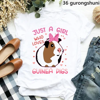 Новинка, Футболки Just A Girl Who Loves Guinea Pigs с Графическим принтом, Розовая футболка с бантом для девочек, Женская Кавайная одежда, топы в стиле Харадзюку