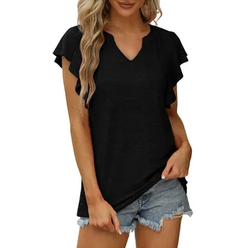 Женский летний Свободный топ с V-образным вырезом и плиссированными рукавами, однотонная футболка, базовый топ, приталенная уличная одежда