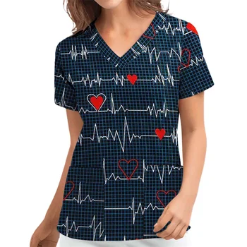 Женские футболки Love, медицинская униформа для медсестер, стрейчевый принт омбре, V-образный вырез, футболки с коротким рукавом, топы с карманами, женская одежда