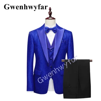 Gwenhwyfar Новый классический деловой костюм-тройка Модный стиль Формальный Королевский синий Жаккардовая ткань Вечеринка Тонкий жених свадьба