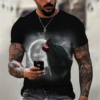 Летняя футболка больших размеров, мужская одежда, топ с коротким рукавом с 3D принтом Волка, модная уличная футболка в стиле хип-хоп, мужская футболка с коротким рукавом