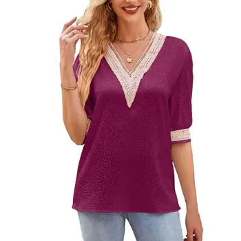 Женская одежда, Стильные Кружевные Женские Летние футболки средней длины, Свободный Повседневный Пуловер с V-образным вырезом и короткими рукавами Контрастных цветов, V