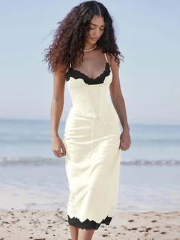 Платье цвета Хаки с кружевным подолом, Облегающее Бандажное платье на бретельках, Eleagnt Party, Вечернее платье Миди, Летние Пляжные Наряды 2023