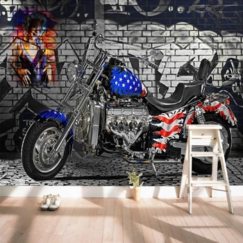 Самоклеящиеся обои 3D Стерео Мотоцикл Кирпичная стена Граффити Фрески Ресторан Кафе Фон Водонепроницаемая наклейка Домашний декор