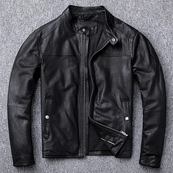 Куртка из 100% натуральной мягкой кожи дубления овчины, Черные мужские Мотоциклетные куртки, Мотоциклетная одежда, Байкерское пальто, Осенняя байкерская куртка