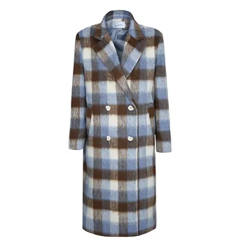 Осеннее винтажное шерстяное пальто в клетку средней длины с поясом, Корейский двубортный костюм, воротник с длинным рукавом, повседневное теплое шерстяное пальто