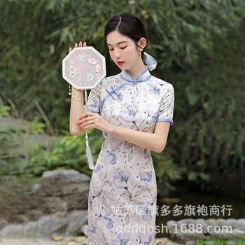 Китайский традиционный женский синий Ципао с цветочным принтом, летний винтажный Чонсам с коротким рукавом и воротником-стойкой