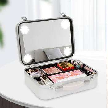 Портативный косметический Органайзер, коробка для хранения макияжа, 3-уровневый косметический кейс, Многофункциональный со светодиодной подсветкой и зеркалом