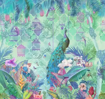 beibehang Ручная роспись павлин цветы и птицы 3D обои птичья клетка тропические растения фреска гостиная тв фон