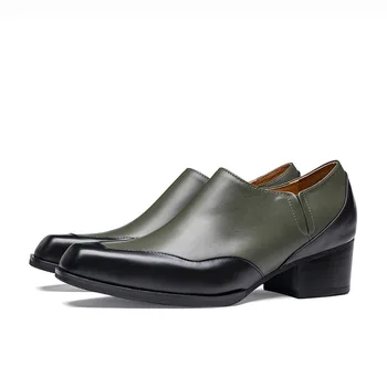 Мужские модельные туфли на высоком каблуке 5 см, роскошная натуральная кожа, Мода 2023 года, Квадратный носок, Черный, зеленый, смешанный цвет, вечерние свадебные туфли, мужские