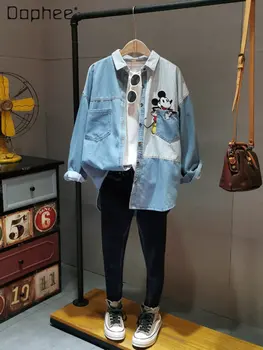 Женская рубашка 2023 Весна Корейский стиль Полосатая строчка С мультяшным вышитым карманом Свободная джинсовая рубашка средней длины с длинным рукавом