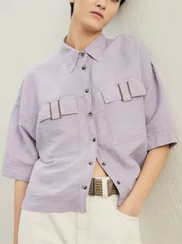 Женская фиолетовая короткая рубашка с карманами из бисера 2023, Летняя новая Женская Однобортная простая блузка с короткими рукавами из смеси хлопка и льна