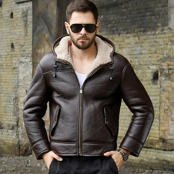 Новая мужская куртка из овчины B3, Короткая мотоциклетная куртка, пальто из овчины с капюшоном, утепленное меховое пальто, Коричневая кожаная куртка