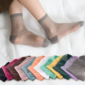 Короткие носки в полоску ярких цветов, Тонкие дышащие Хлопчатобумажные носки, Прозрачный шелковый носок с кристаллами, Винтажный парный носок на щиколотке