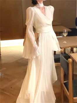 Белое платье с V-образным вырезом и расклешенными рукавами, Модное женское платье с длинным рукавом во французском стиле 2023, Элегантное Шикарное винтажное платье миди