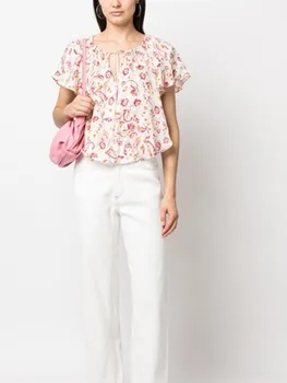 Женская рубашка на шнуровке с V-образным вырезом из 100% вискозы 2023, летняя модная женская блузка с цветочным принтом, женская сорочка с рукавом-бабочкой