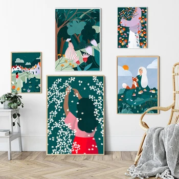 Абстрактная Зеленая Девушка, натуральные растения, настенное искусство, холст, живопись, плакаты на скандинавскую тему и принты, настенная картина для декора гостиной
