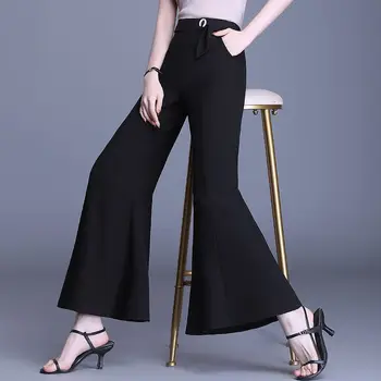 Офисные женские модные Корейские эластичные брюки-клеш с высокой талией, женские Весенне-летние Новые Черные Элегантные повседневные Свободные широкие брюки